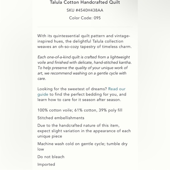 Anthropologie Talula Cotton Handcrafted Quilt with Euro Sham Size Queen NWT - Picture 6 of 17